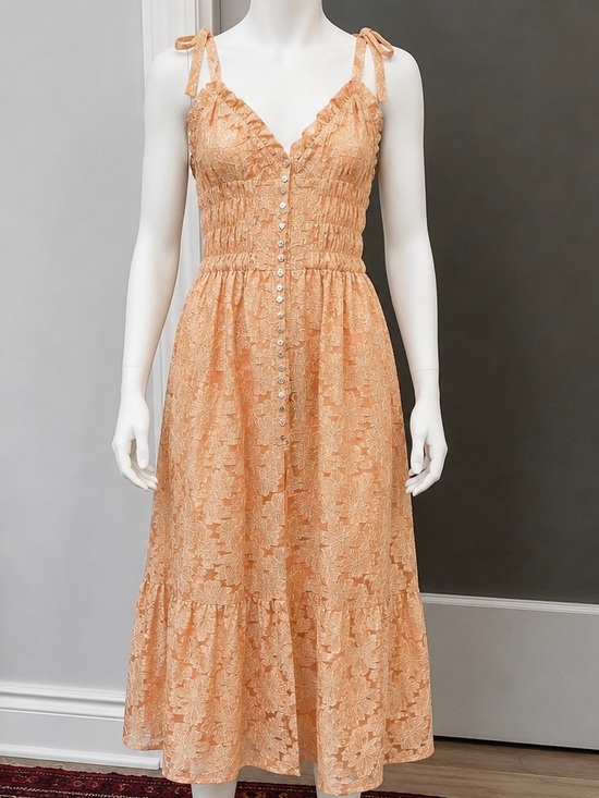 Free People Dresses & Skirts - Free People Peach Lace Midi Dress with Button Front and Tie Straps